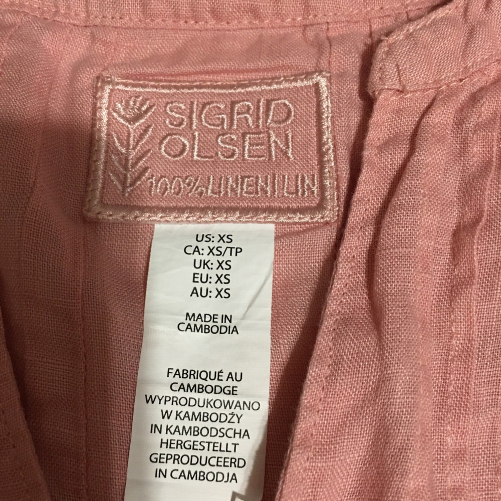 Sigrid Olsen Blouse Womens XS Pink Linen Pintuck V-Neck 3/4 Sleeve - Picture 2 of 6